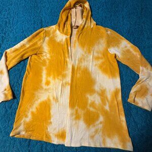 SJS Yellow and White Tie-Die Hooded Open Front Cardigan Size L